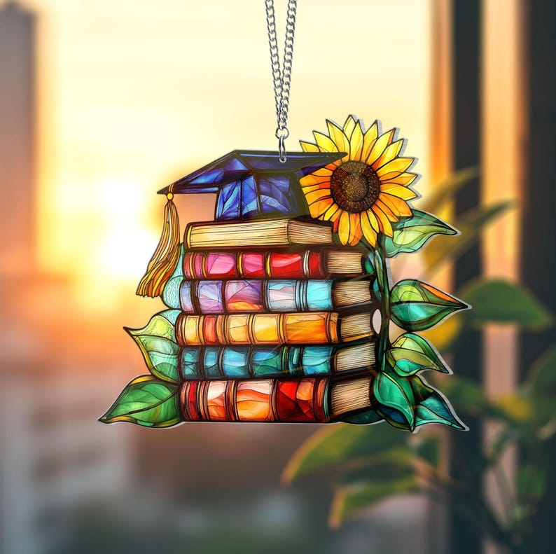 Graduation Book Acrylic Suncatcher, Grad Cap Window Hanging Decor
