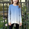 thumbnail image 2 of aohooy Kids Tees Girls Gradient Solid Long Sleeve Crewneck Tunic Lace Trim Hem Trendy Blouses Cute Fall Pullover Loose Soft Tops Blue,8-9Years, 2 of 6