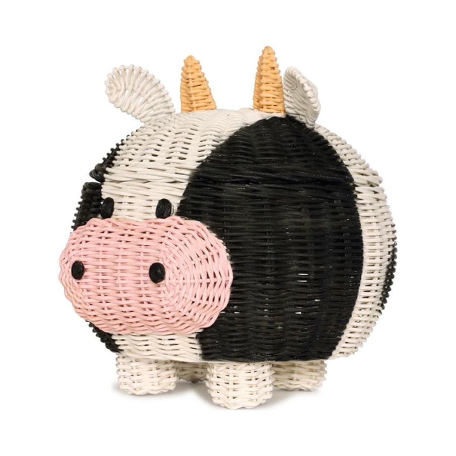Cow Rattan Storage Basket with Lid Decorative Bin Home Decor Hand Woven Shelf Organizer Cute Handmade Handcrafted Gift Art Decoration Artwork Wicker