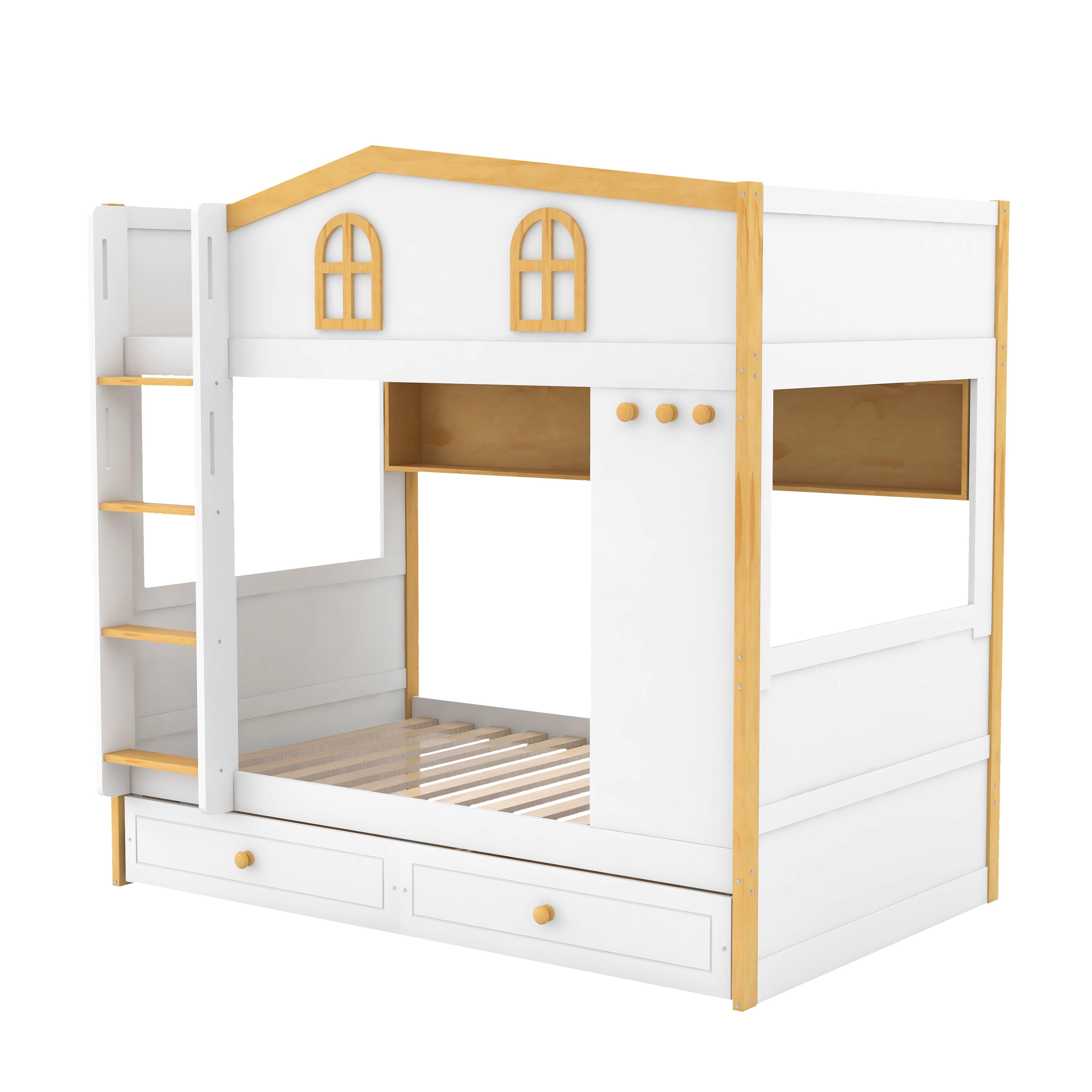 Euroco Wood Twin over Twin Bunk Bed with Shelves and Drawers, House Bed with Guardrails, White
