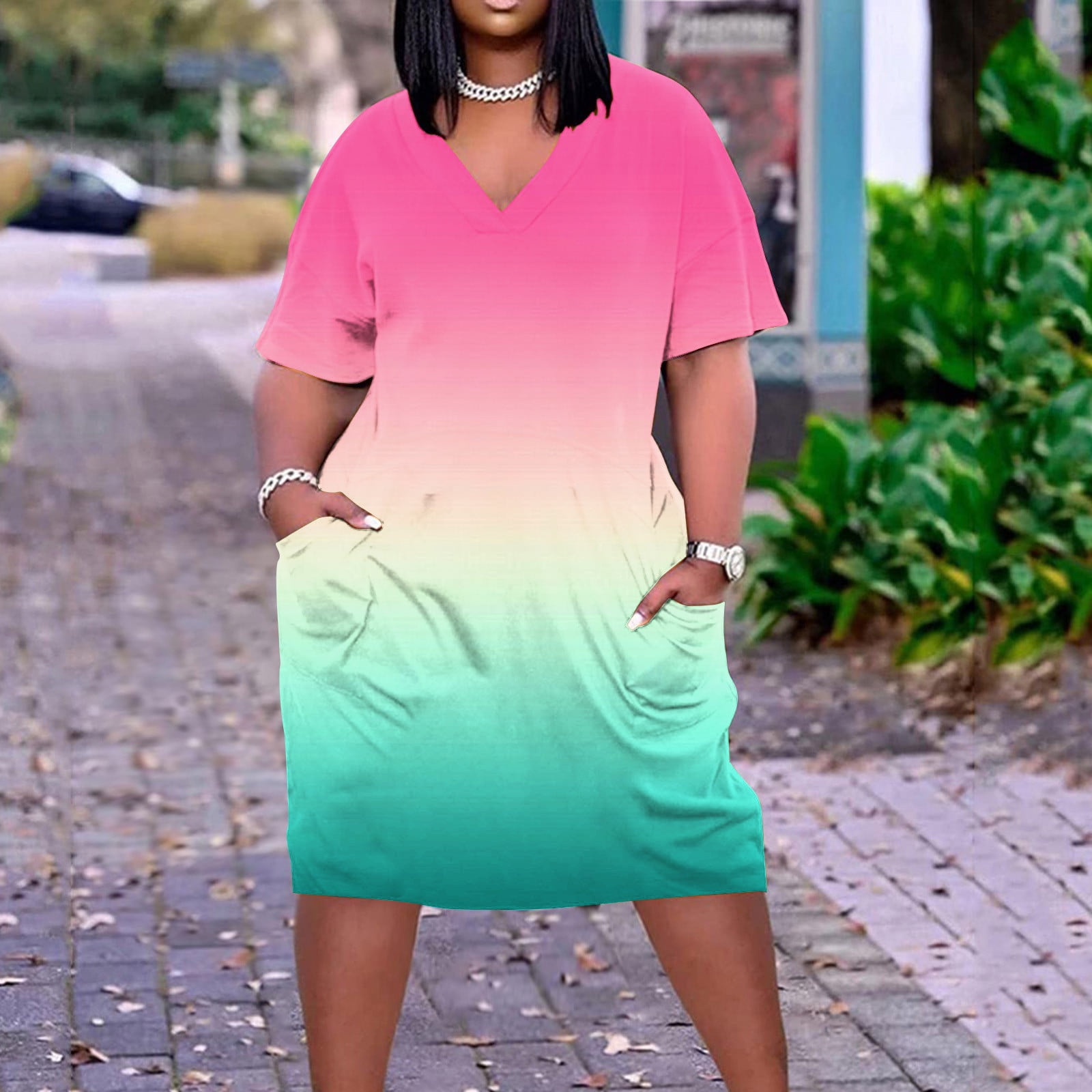Fatuov Summer Dress for Women Plus Knee Length Dress Short Sleeve V Neck 2023 Trendy Casual Dress Western Style Gradient Print Sundress with Pocket Plus Size Dress S-5XL Pink - Walmart.com