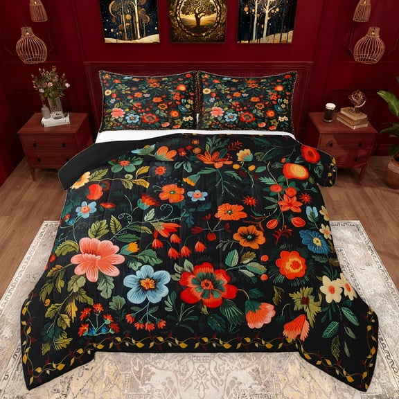 Feelyou Boho Farmhouse Floral Queen Comforter Set, Mid Century Fashion Bedding Sets, Teens Adult Girls Women Reversible Bedding Comforter Set, Lightweight Room Decor, 3pcs