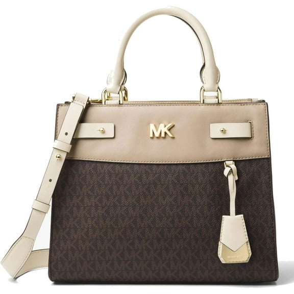 Michael Kors Reagan Medium Logo Leather Satchel Bag, Brown Light Cream Oat