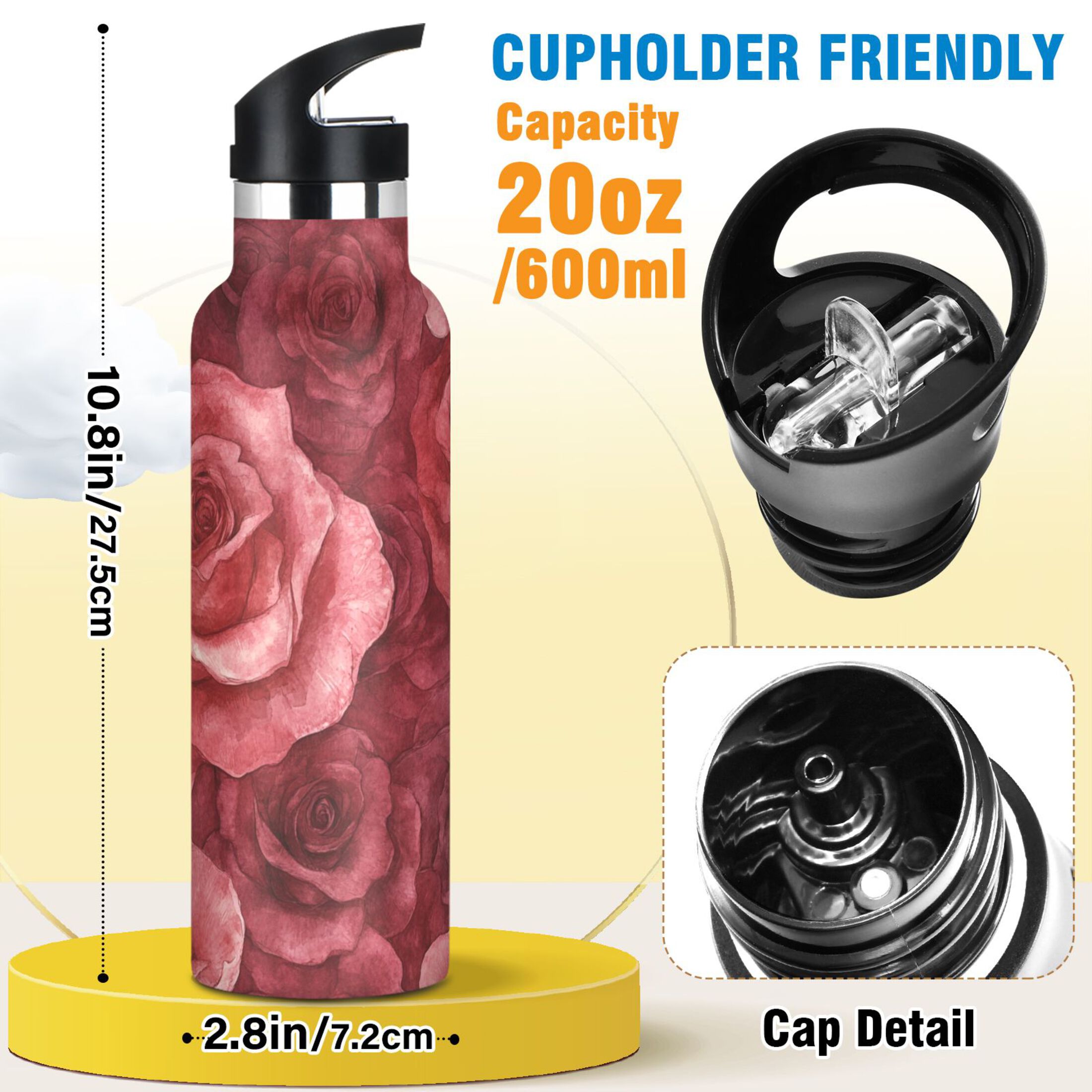 600ML Stainless Steel Insulated Cup Sports Water Bottle Portable Thermos Cup Water Glasses Insulated Tumblers Convenient and Durable Red Roses