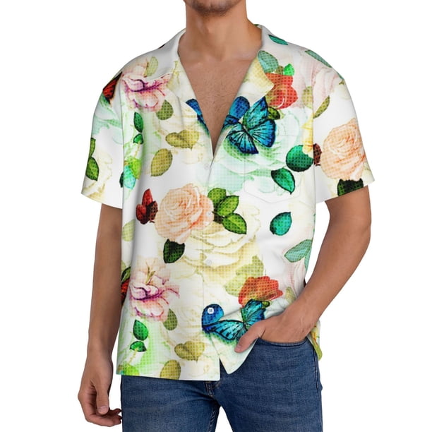 Fotbe Floral Vintage Camisa Estampada de Manga Corta para Hombre, Casual de Verano, Estilo Playero, Sin Arrugas-Small