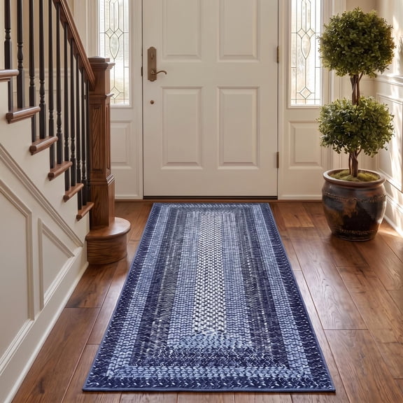 Modern Washable Runner Rug 2'x6' Vintage Braided Print Non-Slip Low Pile Carpet for Entryway Home Office, Navy Blue