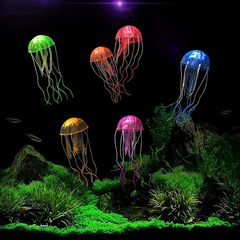 Yirtree 5 Pack Glow Jellyfish Floating Fish Tank Decorations Glowing Effect Silicone Simulation Jellyfish Ornament Aquarium Decorations