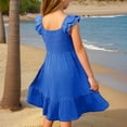thumbnail image 3 of Girls Summer Dress Sleeveless Smocked Dresses Twirly Ruffle Sleeve Square Neck Tunic Elegant Dresses Beach Casual Cute, Blue, 13 Years, 3 of 4