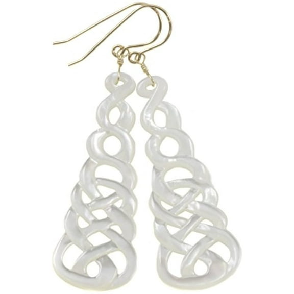 14k Gold Filled Mother of Pearl Earrings White Carved Relief Large Long Infinity Loop MOP Drops Designed for Adult Women