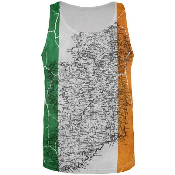 St Patrick's Day Vintage Irish Map Flag Distressed All Over Mens Tank Top Multi X-LG