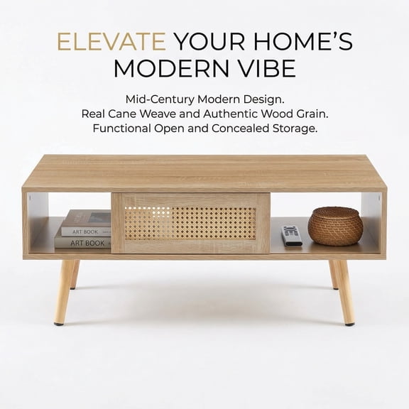 41" Boho Rattan Coffee Table with Solid Wood Legs, Modern Sliding Door Storage Center Table for Living Room, Natural