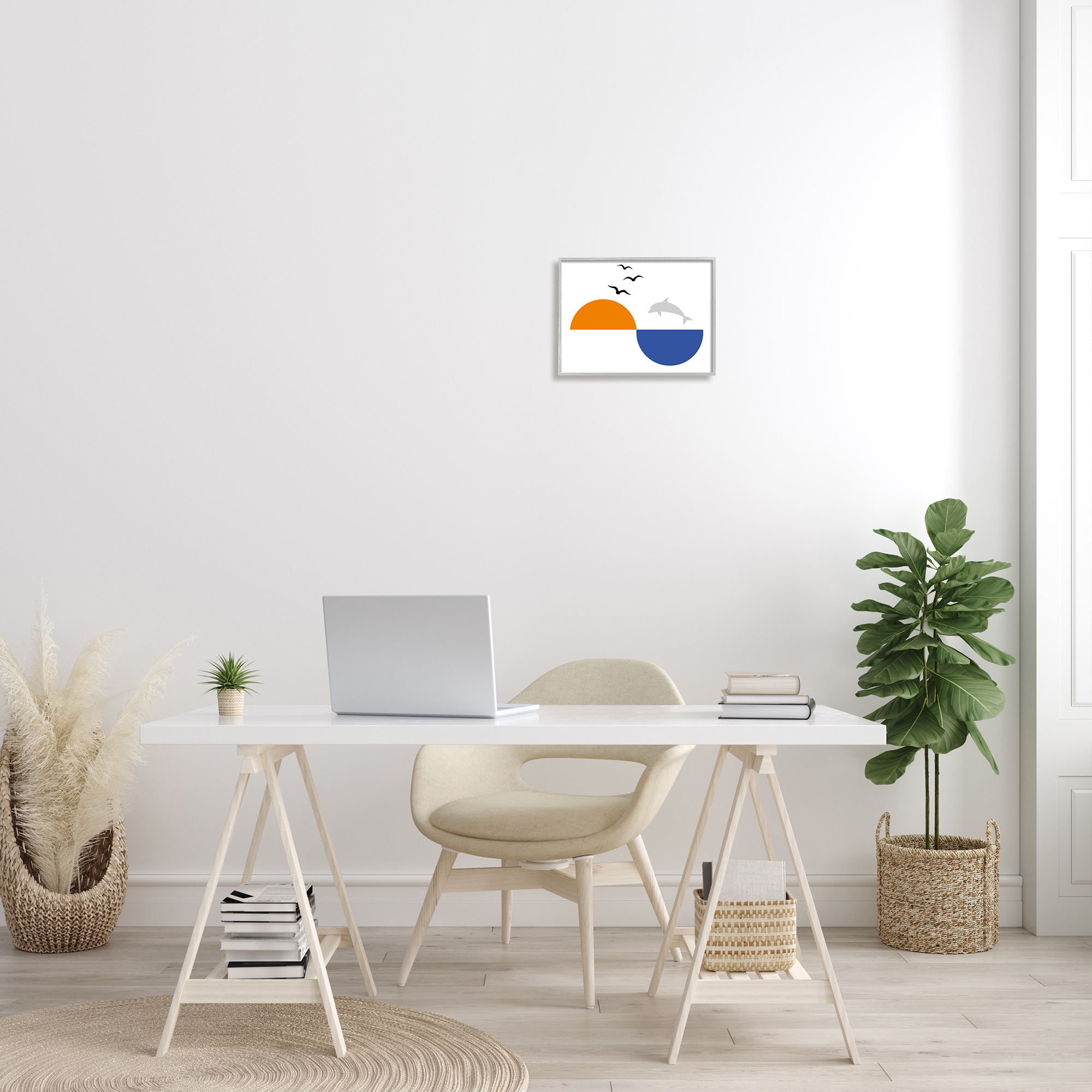 Stupell Industries Sunset Balance Asymmetrical Ocean Horizon Dolphin Jump Abstract Painting Gray Framed Art Print Wall Art, 11 x 14