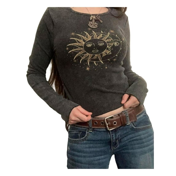 Seyurigaoka 2000s Aesthetic Grunge Cropped Tops for Women Sun Print Long Sleeve T-Shirts Fairy Graphic Vintage Clothes 90s Tees Shirts Streetwear