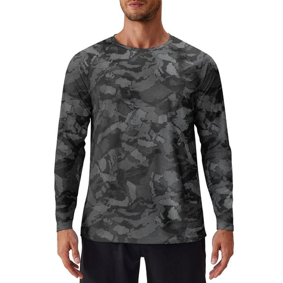 PINSPARK Mens UV Protection Shirts Long Sleeve Fishing Shirts Camo Rash Guard Swim Shirt Quick Dry Athletic Workout Tshirts Dark Grey L