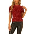 thumbnail image 1 of INSPIRE CHIC Haut en Velours à Sequins pour Femmes Col Rond Manches Courtes Blouse de Soirée TP Rouge, 1 of 6