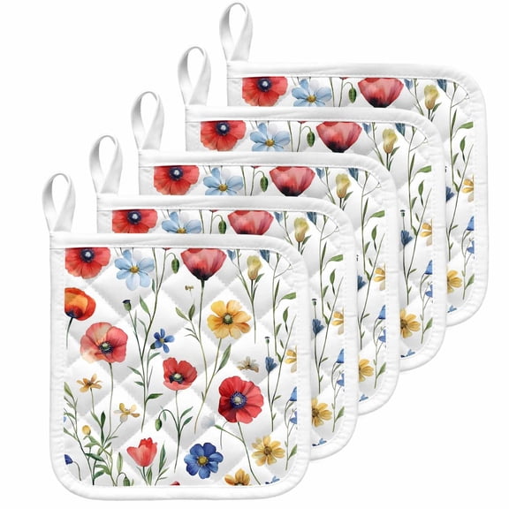 Pink Colorful Poppy Pot Holders for Kitchen Heatproof Potholder, 5 Pack Spring Pastoral Flowers Leaves Hot Pads Multipurpose Oven Pads Cloth Potholders Trivet for Cooking Baking