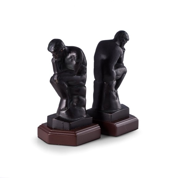 Cast Metal Thinker Bookends with Bronzed Finish on Wood Base.