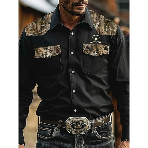 Retro Western Pattern Printed Men's Casual Loose Comfortable Trendy Business Long Sleeve Shirts Black XL