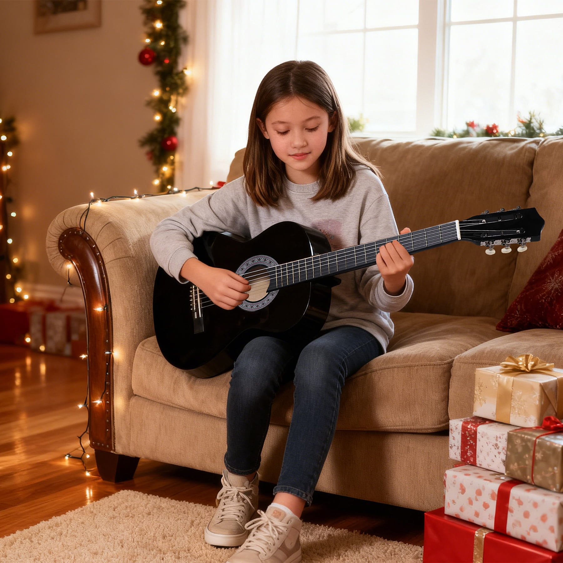 SuperDeal 38-Inch Round Shoulder Acoustic Guitar Kit 6 Strings Full Size Classic Beginners Children Adults All-Solid Wood with Carrying Case, Strap, Tuner and Pick, Black