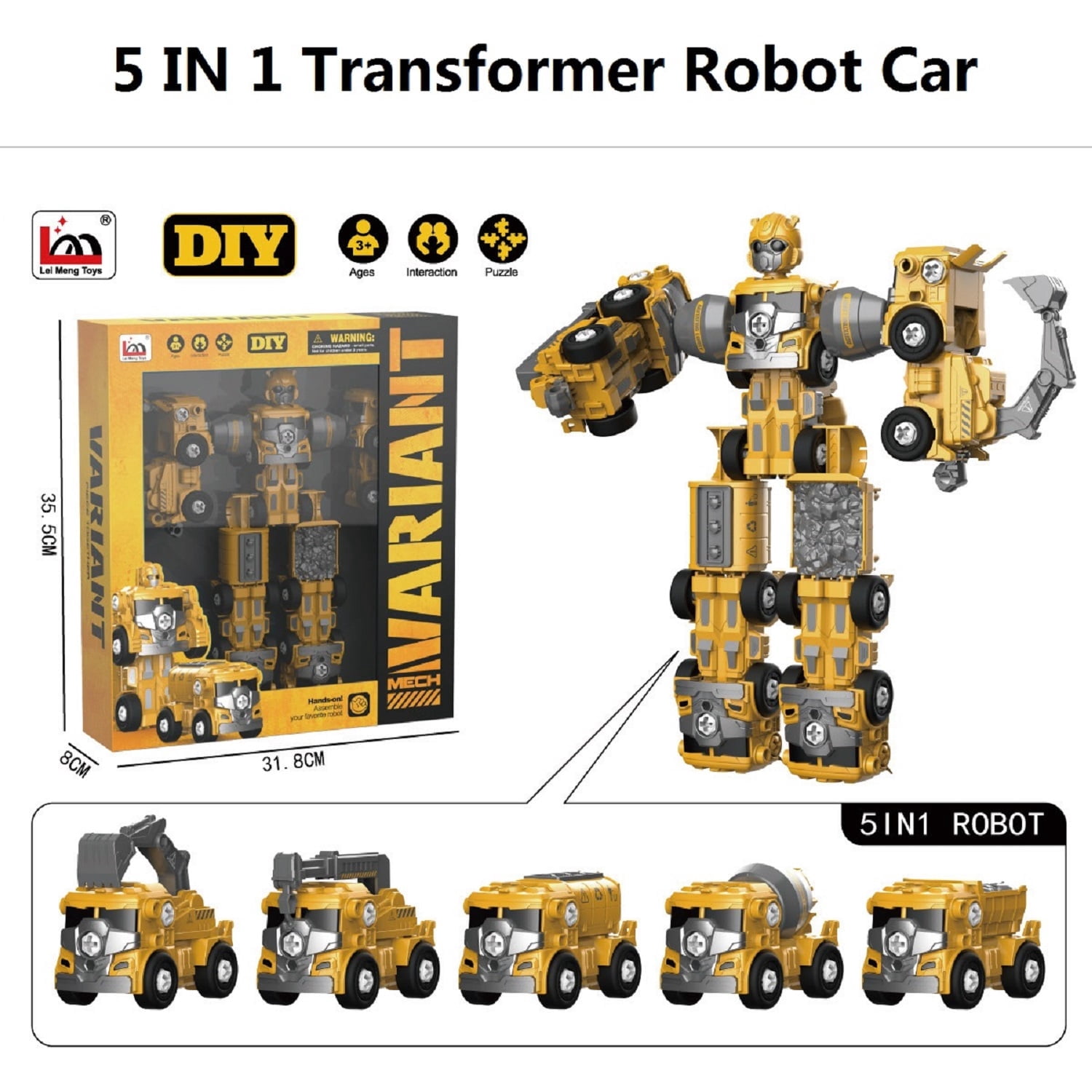 Transform Robot Toys for Boys 3-6 Year Old, 5 in 1 STEM Building Toys Cars for Toddler Boys Girls Gifts, Yellow