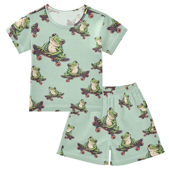 joogoo Frogs on Skateboards Pattern Pajama Sets Short Sleeve Cotton 2-Piece Sleepwear 10Y