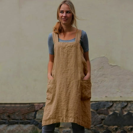 

SBYOJLPB Short Sleeve Dress Clearance Women Cotton Linen Pinafore Square Cross Apron Garden Work Pinafore Dress Rollbacks