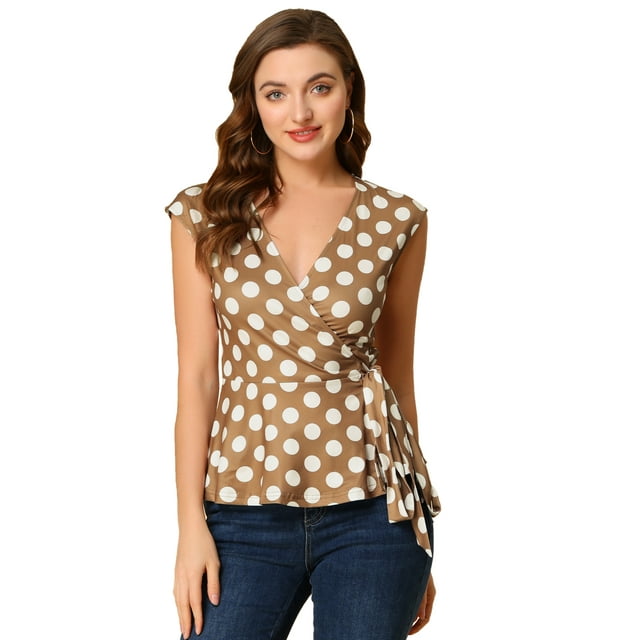 INSPIRE CHIC Haut à Pois Sans Manches à Col en V à Nouer à l'Avant Portefeuille pour Femme