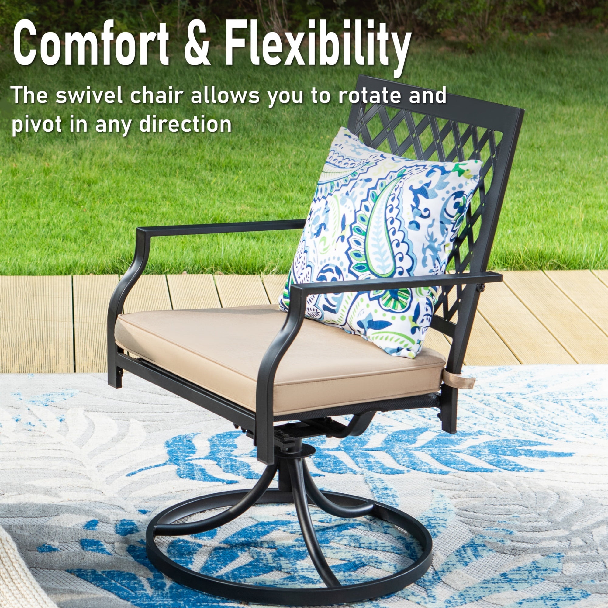 MF Studio 7-Piece Outdoor Dining Set with 2 Swivel Padded Chairs, 4 Stacking Chairs &  6-Person Table with Umbrella Hole, Black & Beige