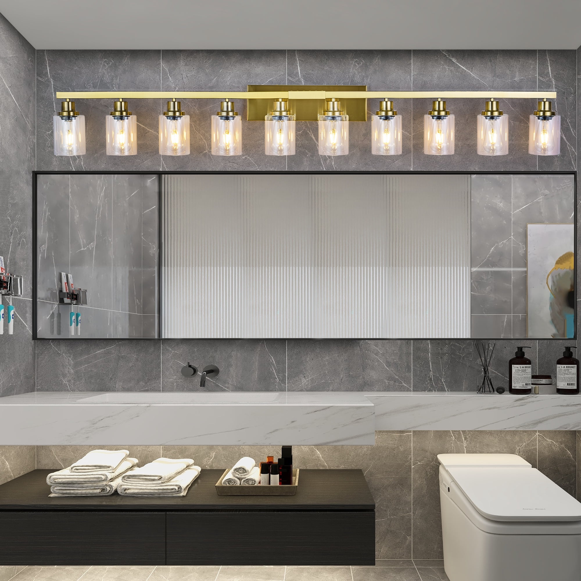Leumius Modern Golden 10-Light Bathroom Vanity Light Fixture, Industrial Wall Sconce with Clear Glass Shades for Mirror, Bathroom, Bedroom and Hallway (No Bulbs)
