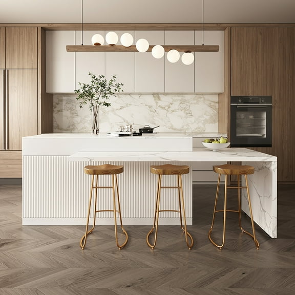Homary 81''-106" Extendable Kitchen lsland with Doors&Drawers White Marble Pattern Top