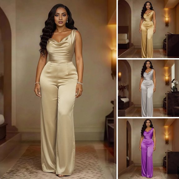 mdesiwst Women's Satin Sleeveless Jumspuist Cowl Neck Wide Leg Long Pants Dressy Romper High Waist Club Night Party One Piece Outfits
