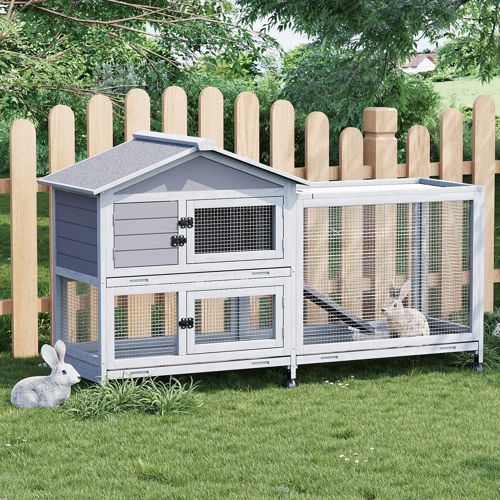 Ataucjin 2-Story Rabbit Hutch with Ramp & Weatherproof Roof ,Indoor/Outdoor Bunny Cage, 6 Lockable Wheels & 3 Pull-Out Trays（ship in 2 boxes）