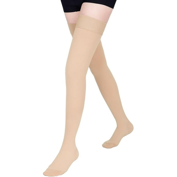 MecTo 15-20mmHg Closed Toe Compression Stockings Medical Thigh High Compression Socks for Running Nursing Sports Veins( Beige, L)