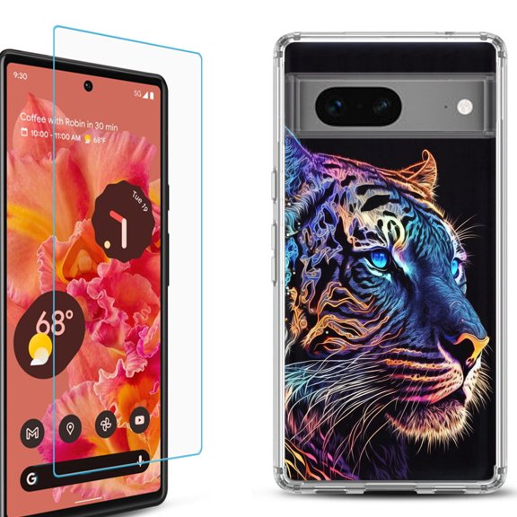 OneToughShield ® for Google Pixel 7a Shockproof Bumper Phone Case, with Tempered Glass Screen Protector - Neon Tiger