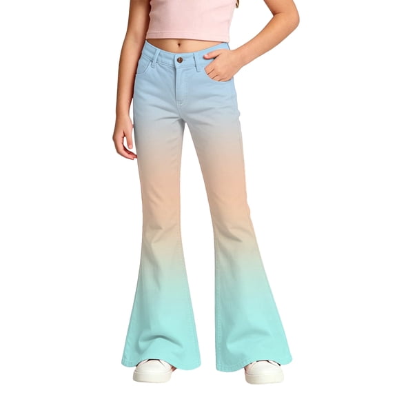 OOOUM Girls Gradient Color Flared Denim Pants Classic Button Closure Slim Fashion Jeans Casual Daily Outdoor Relaxed Fit Casaul Pants Sky Blue 7-8 Years