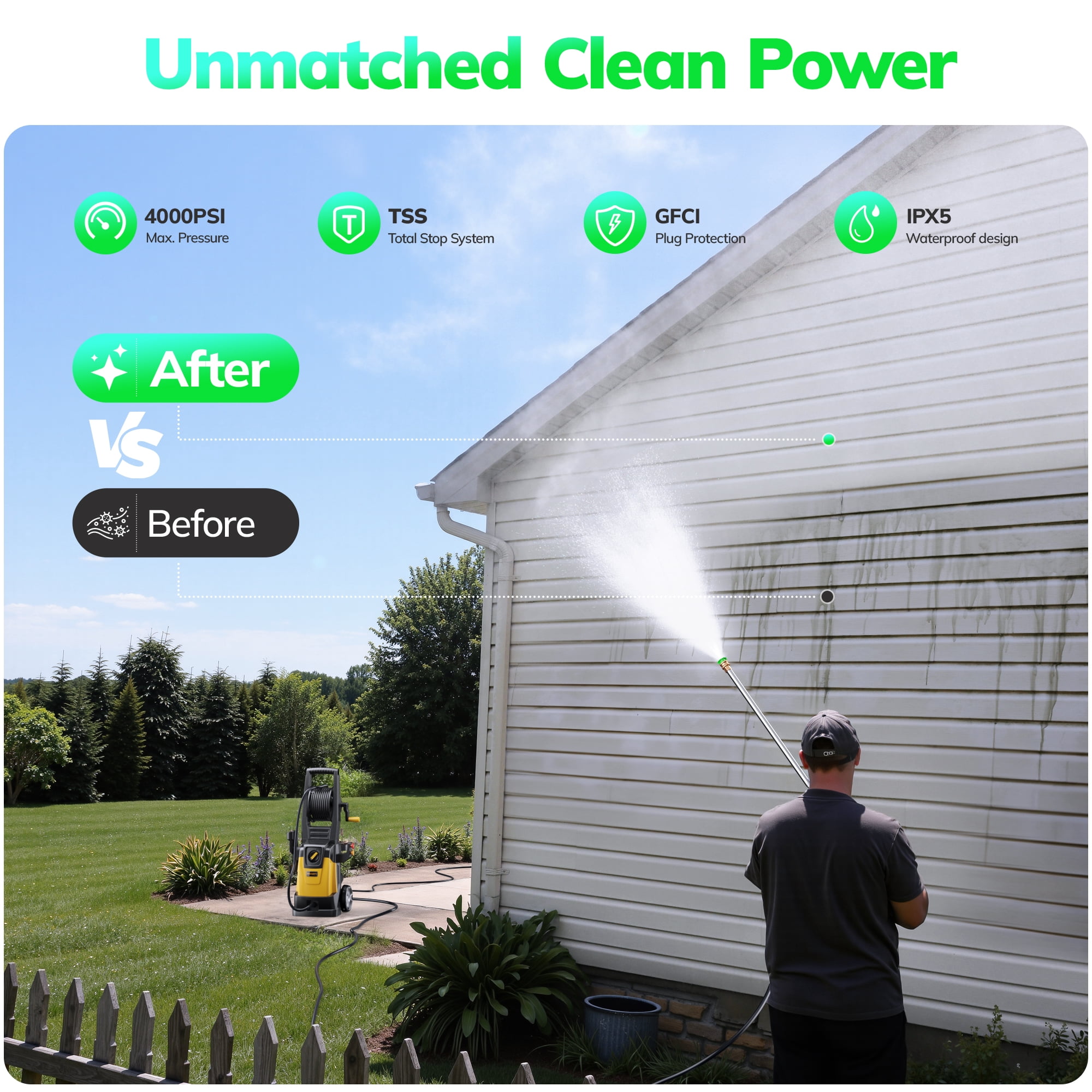 TCISA Electric Pressure Washer,4000 PSI Max 2.8 GPM Power Washer with 35FT Cord,20FT Hose,5 Quick Nozzles,Foam Cannon for Car Garden Patio