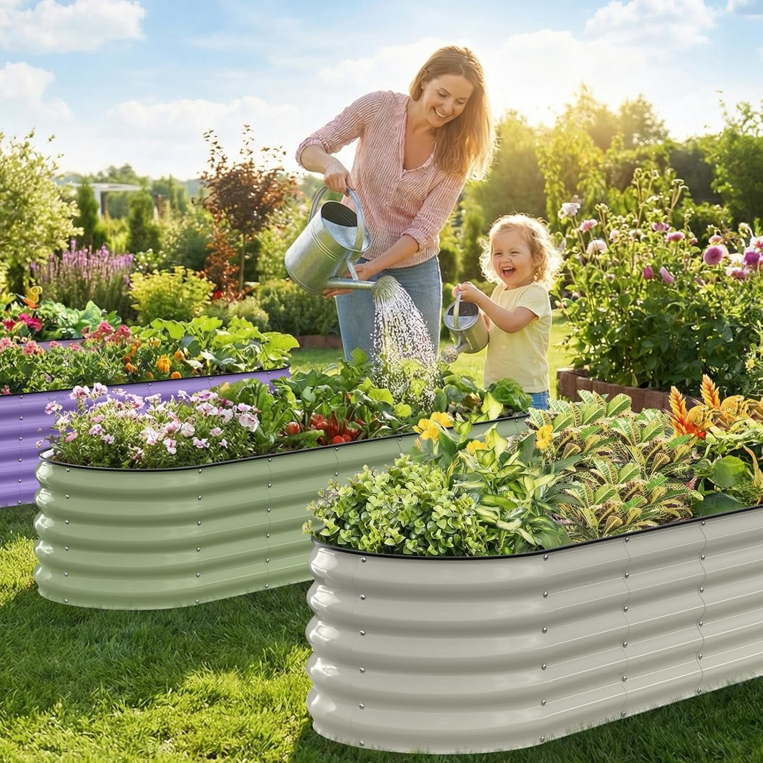 Raised Garden Bed, Metal Galvanized Steel Oval Garden Bed 8x2x1.5 ft with 18-Inch Deep Open-Bottom Design for Outdoor Vegetable Gardening, Fruit Green