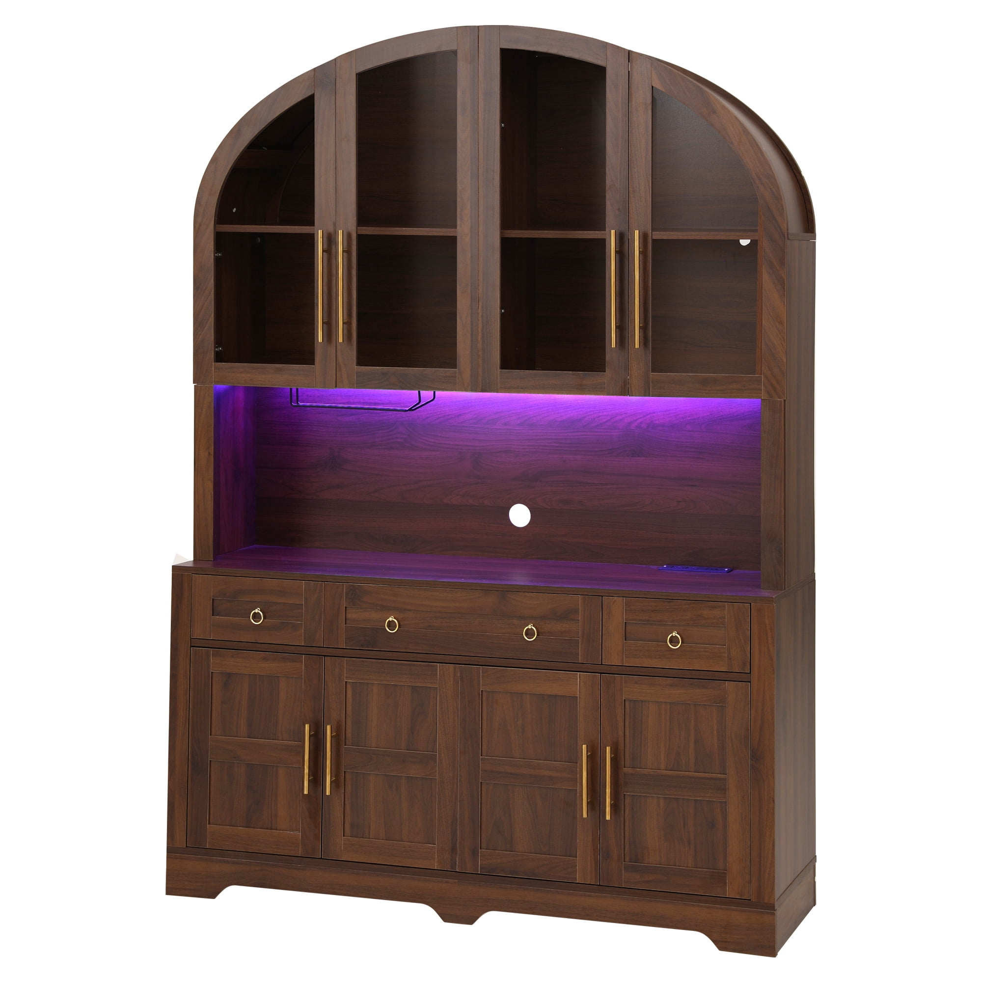 Aukfa 75.6" Large Tall Kitchen Pantry Cabinet with Hutch, Arched Glass Doors, Built-In Charging Station & Smart LED Light,Walnut