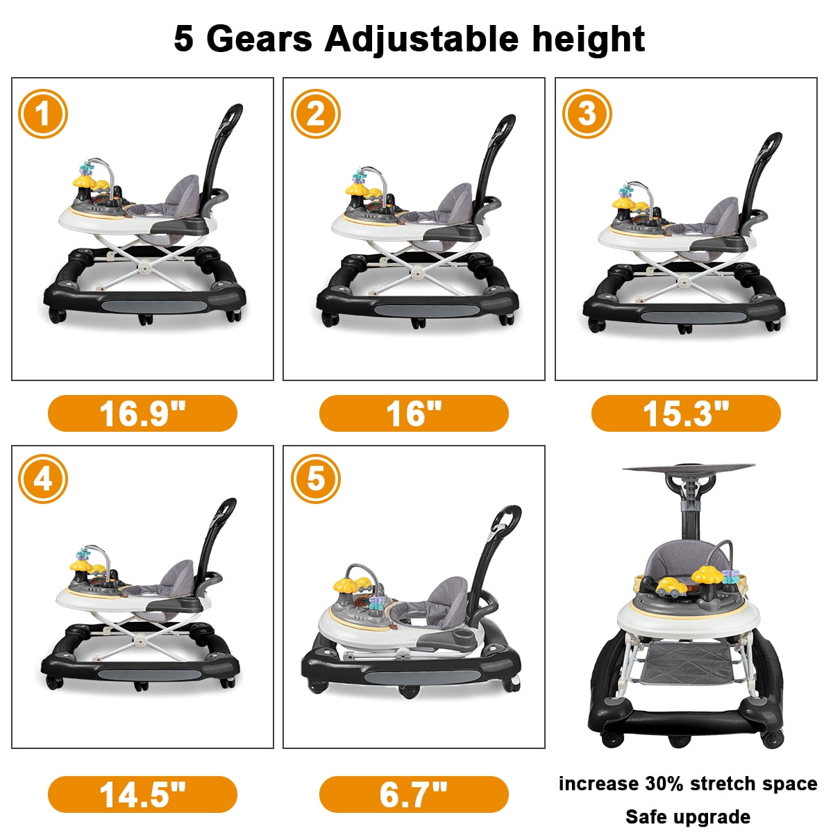 FACNOATIHN 5-in-1 Baby Walker, Musical Activity Push Walker with Detachable Awning Footrest, Adjustable Height, Black