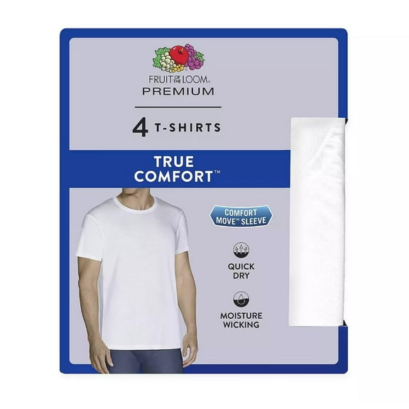 Fruit of the Loom Mens 4 Pack Short Sleeve Crew Neck Moisture Wicking T-Shirt, Large 42-44", White