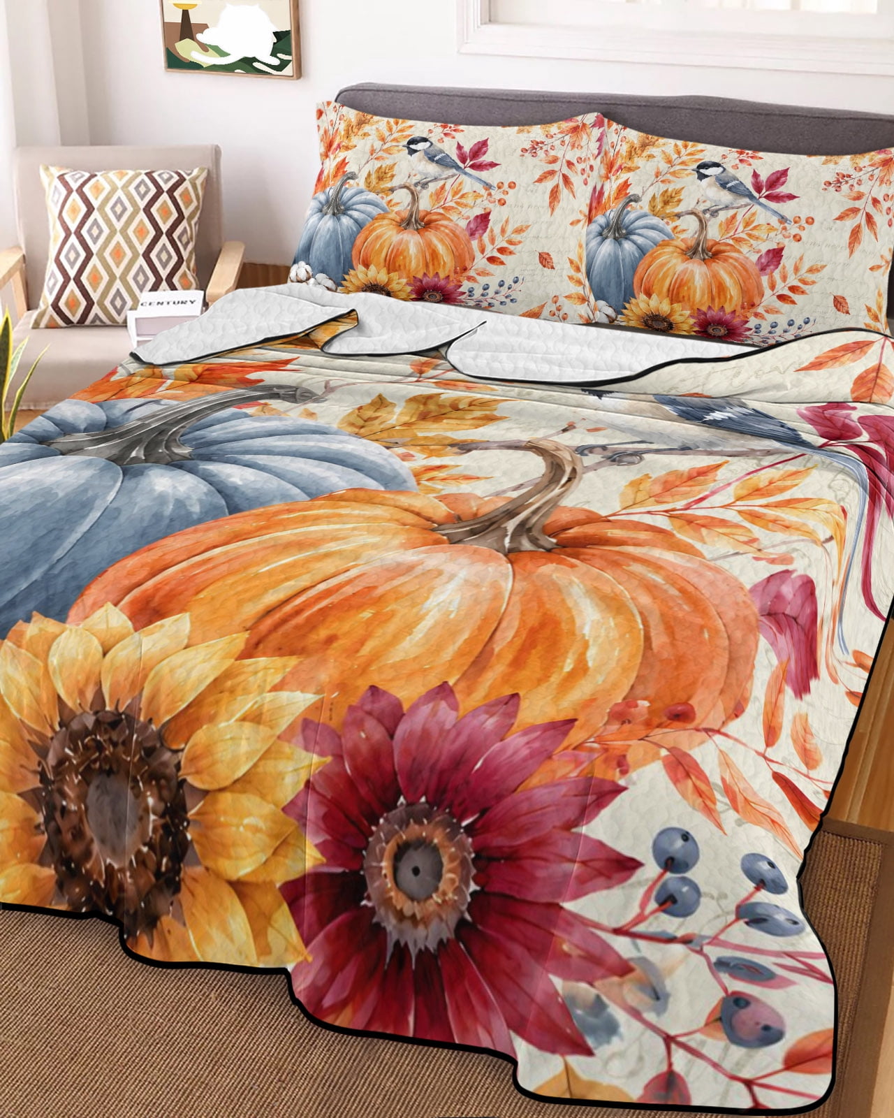 Fall Quilts Bedding Set King Size Harvest Orange Blue Pumpkins Maple Leaf Sunflower Bird Retro Lightweight Quilted Bedspread 3 Piece Bed Quilt with 2 Pillow Shams All Season for Bedroom 90" x 96"