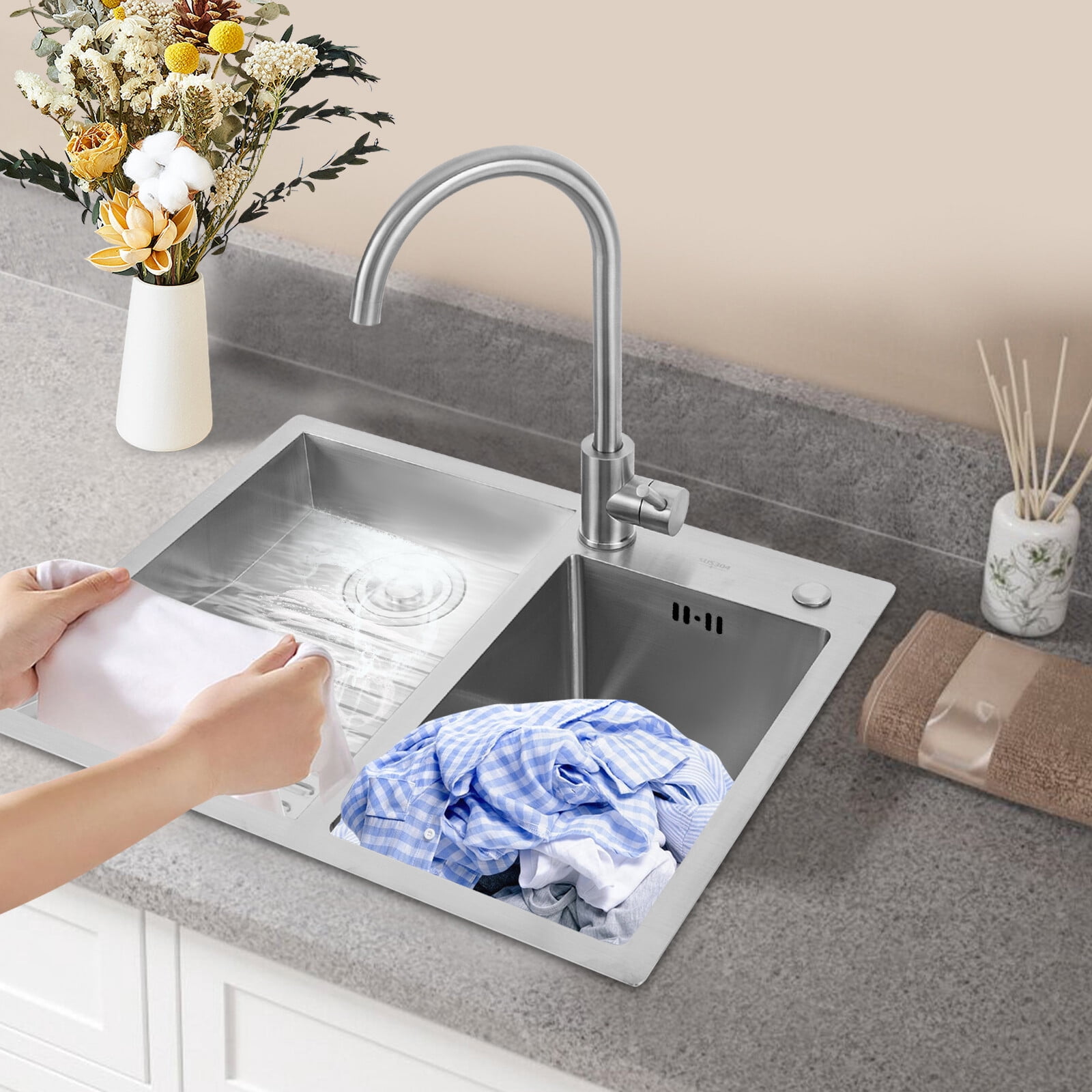 Miumaeov 2 Basins Laundry Sink Stainless Steel Undermount Utility Sink with Faucet & Washboard