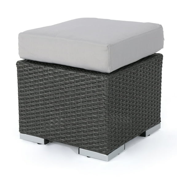 Outdoor Ottoman, 16 Inch Square Gray Woven Frame with Plush Cushion