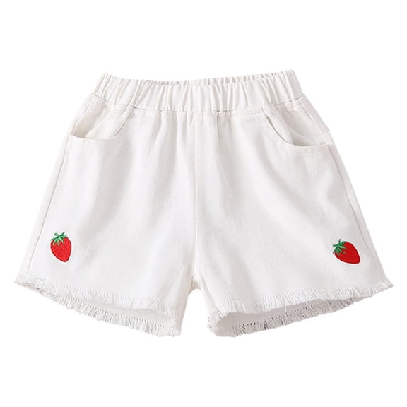 CPNG Kids Children Girls Daily Denim Shorts Summer Casual Strawberry Embroidery Elastic High Waist Shorts with Pockets(White,9-10 Years)