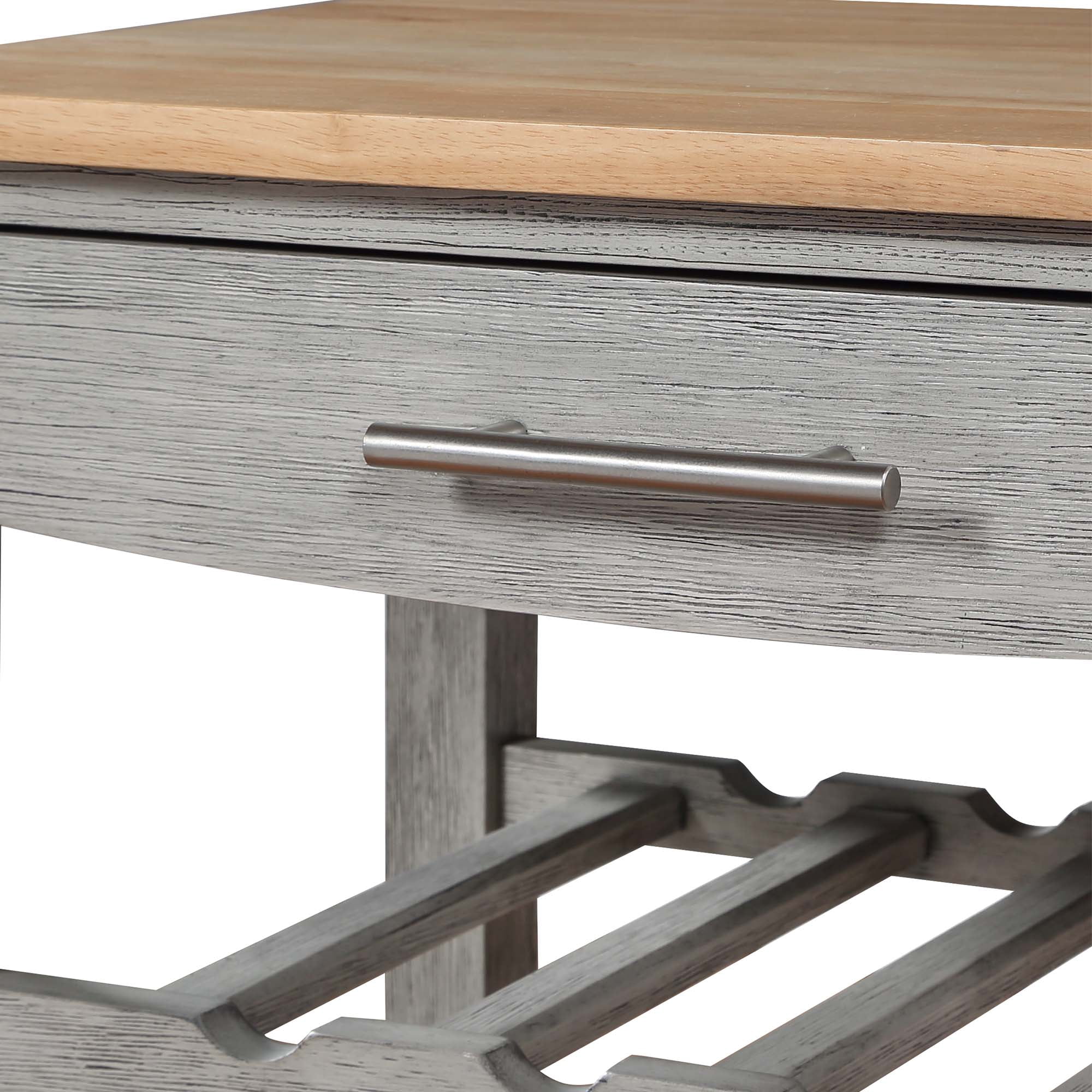 Convenience Concepts Ellaine 4 Tier Small Butcher Block Kitchen Island Cart with Drawer and Wine Rack, Wirebrush Light/Butcher Block