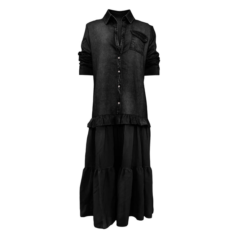 Guluxicc Faux Leather Maxi Dress for Women Collared Button Down 3/4 Sleeve Tiered Chiffon Gothic Party Dress