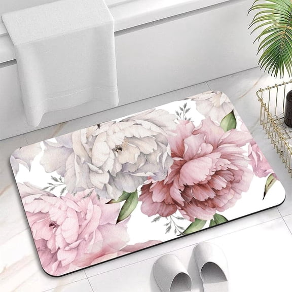 Floral Bathroom Rug Diatomaceous Earth Mat Peony Flowers Bathroom Rugs Decor Small Diatomite Bath Mat Washable Super Absorbent Quick Dry 20x32 Inch