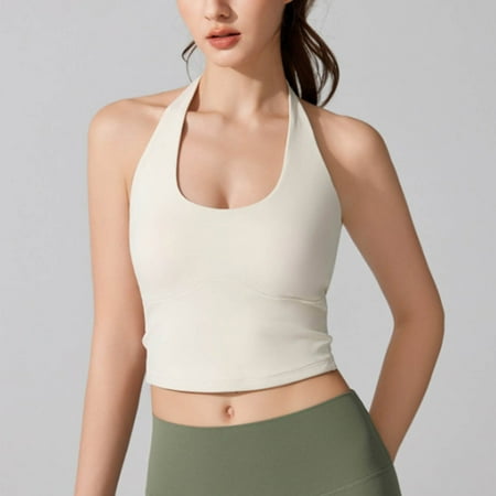 Sentmoon Tank Top with Built in Bra for Women Scoop Neck Crop Halter Sports Bra Slim Fit Solid Color Sleeveless Vacation Outfits 2025 Summer Fashion Women for Lounge at Home White S