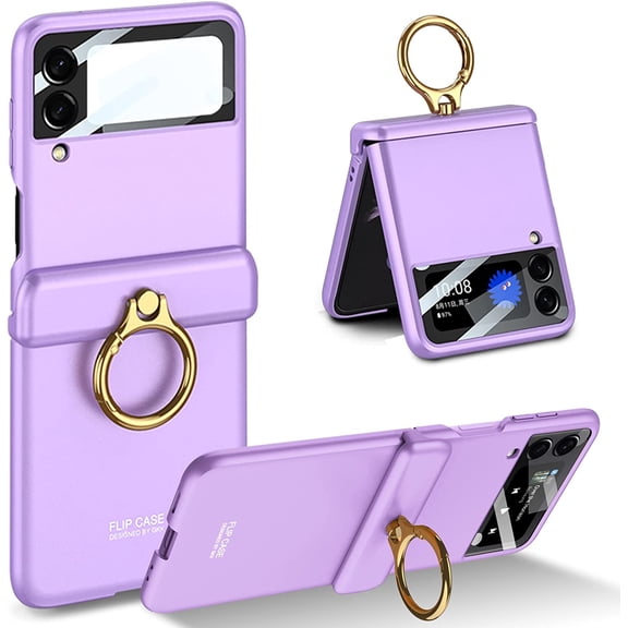 Case Compatible with Samsung Galaxy Z Flip 3 with Camera Screen Protector Ring Holder Shockproof Protective Case-Purple