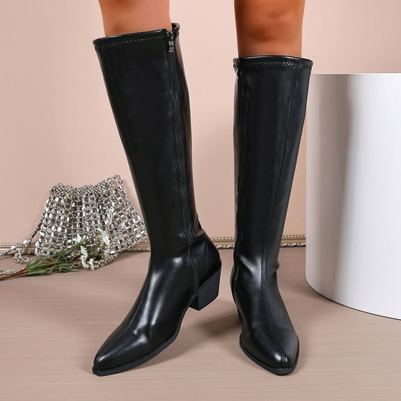 Bnwani Low Heel Boots Women Winter Fashion Pointed Zipper Thick Chunky High Knee-High Casual Solid Boot Black Size 5.5